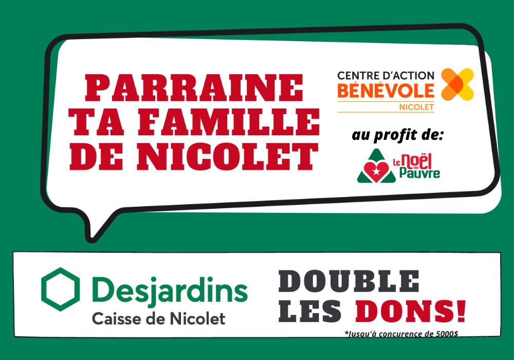  La Caisse Desjardins de Nicolet s’implique comme présentateur de la campagne « Parraine ta famille de Nicolet » et double les dons !